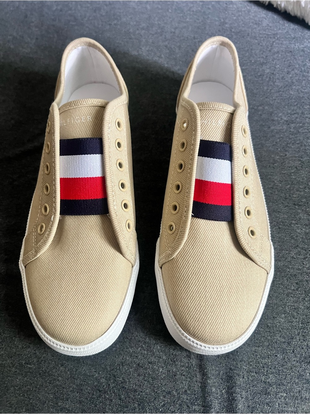 Tommy Hilfiger Beige Canvas Slip-On Sneakers with Signature Stripe